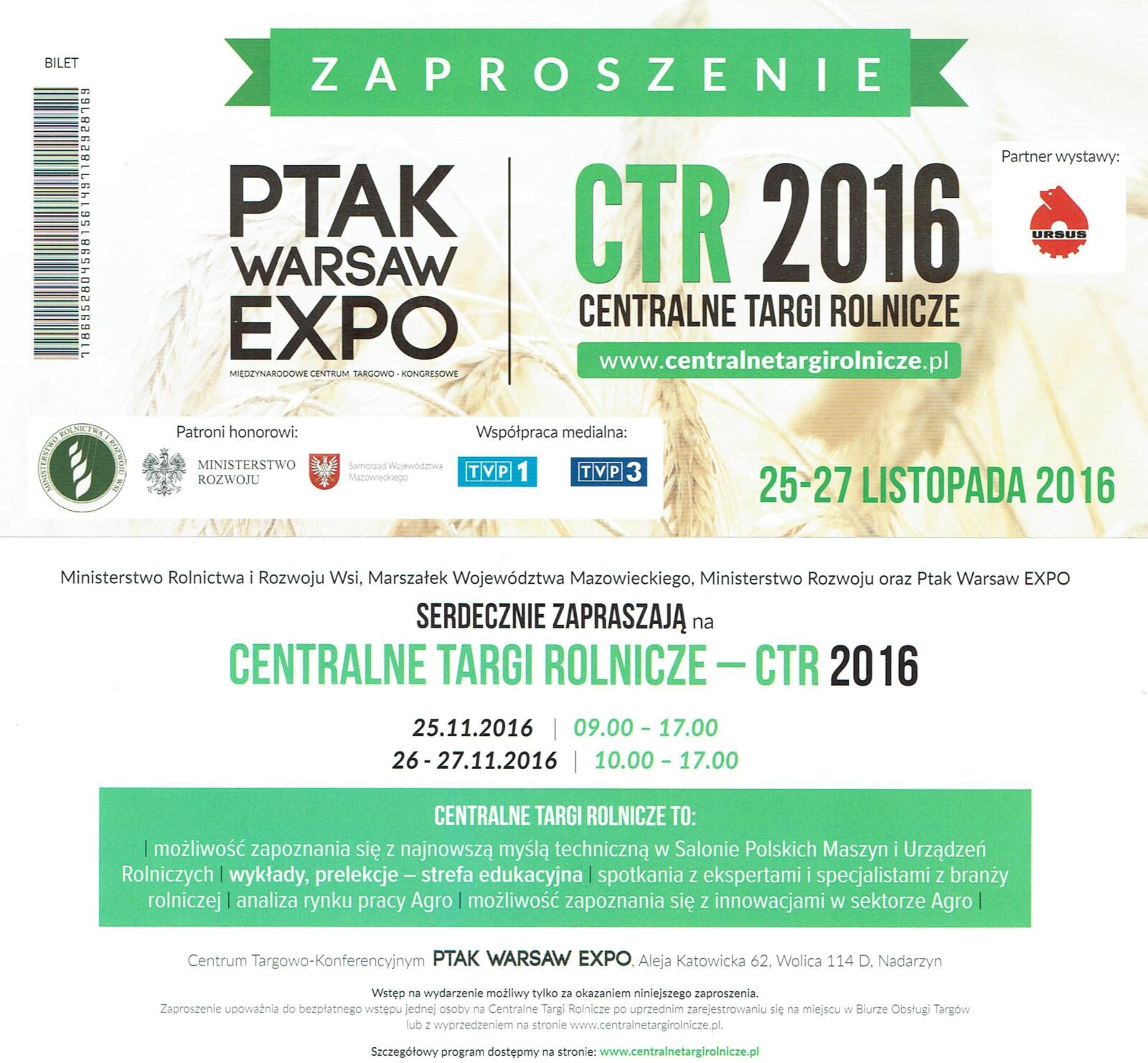 Zaproszenie na Centralne Targi Rolnicze CTR 2016 w dniach 25-27.11.2016 r.